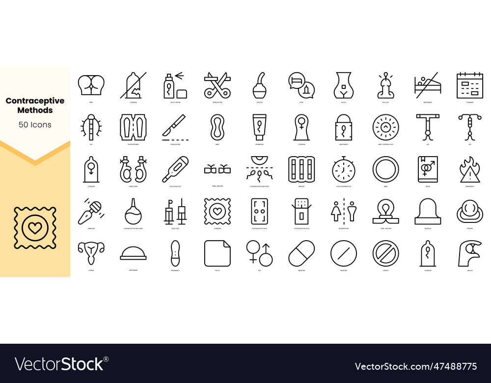 Set of contraceptive methods icons simple line vector image Set of contraceptive methods icons simple line