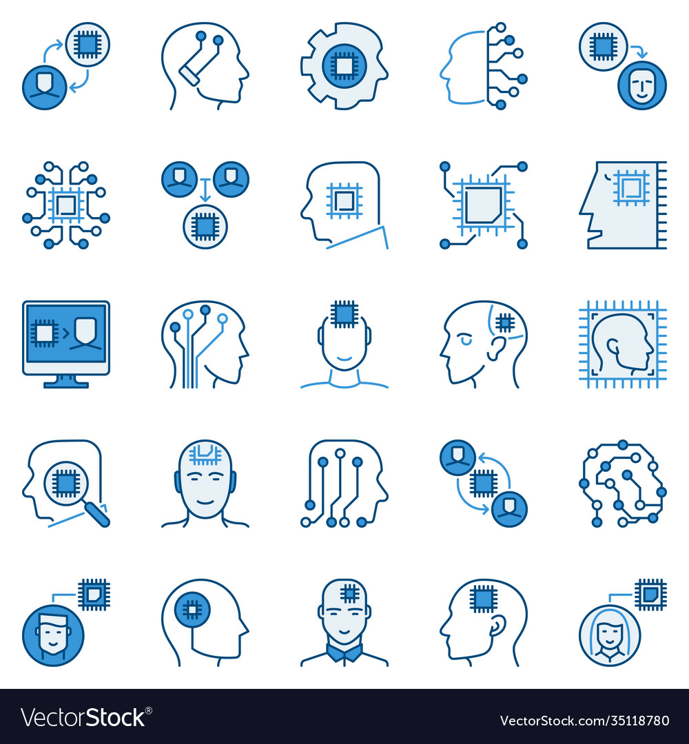 Ai And Machine Learning Blue Icons Set - Chip Vector Image