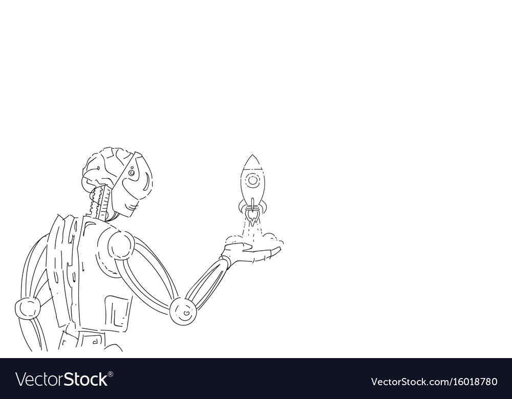 Modern robot hold space rocket artificial