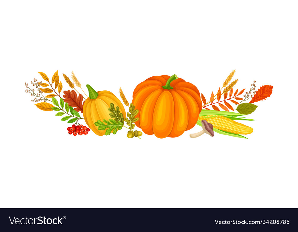 Autumn Foliage With Mushrooms And Pumpkin Vector Image