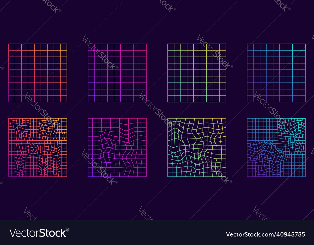 Distorted grid square neon pattern warp vector image Distorted grid square neon pattern warp
