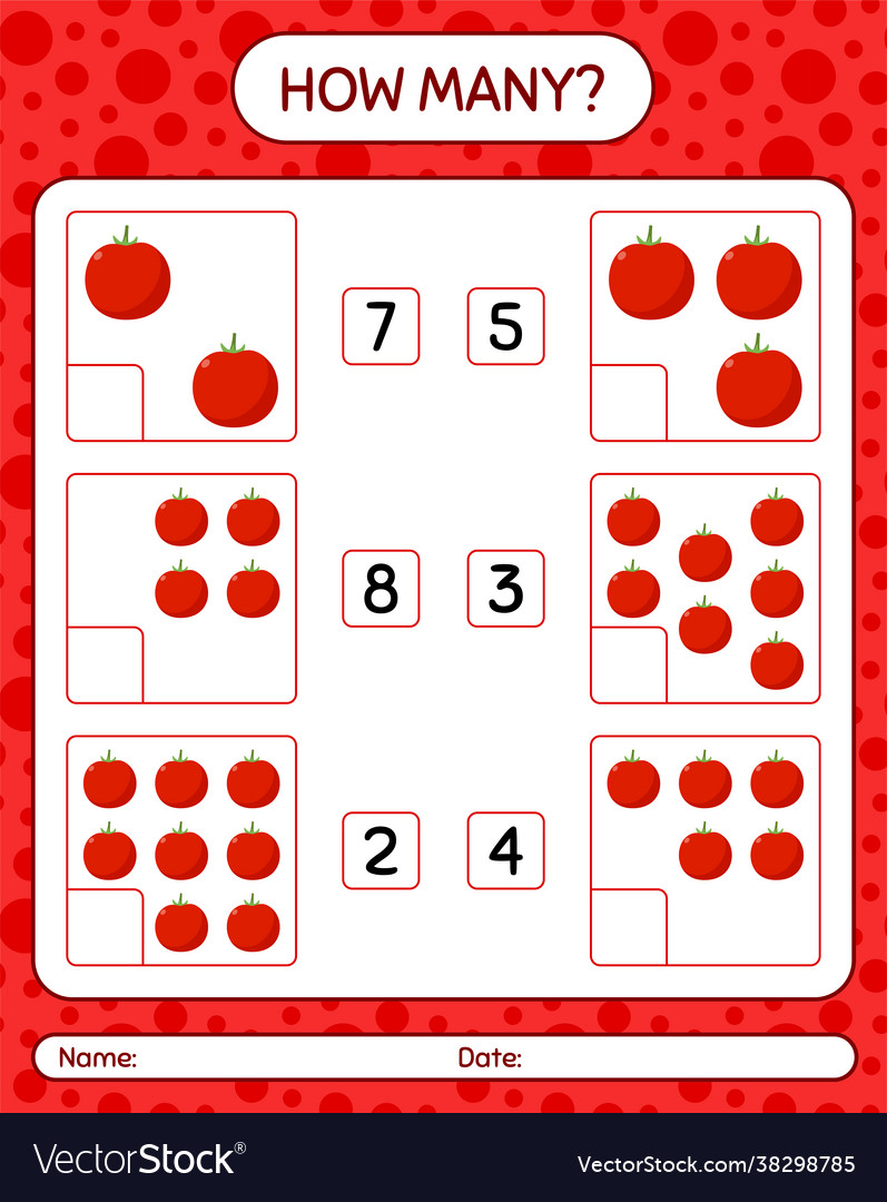 How many counting game with tomato worksheet vector image How many counting game with tomato worksheet