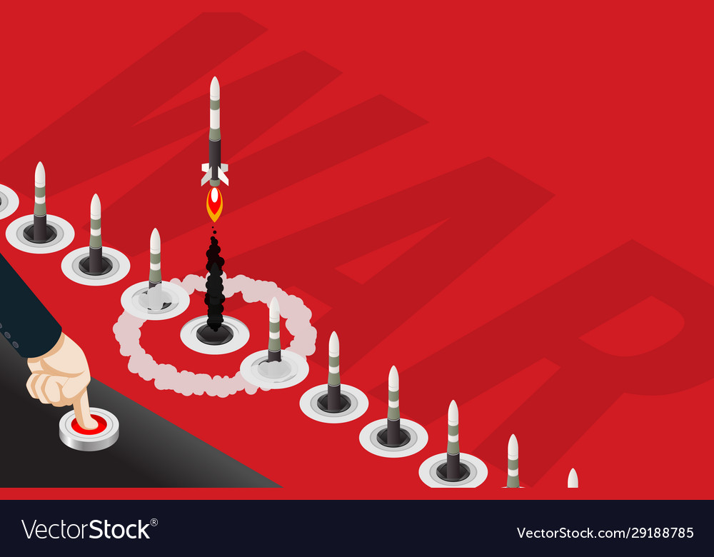 Isometric hand is pressing red button to send vector image Isometric hand is pressing red button to send