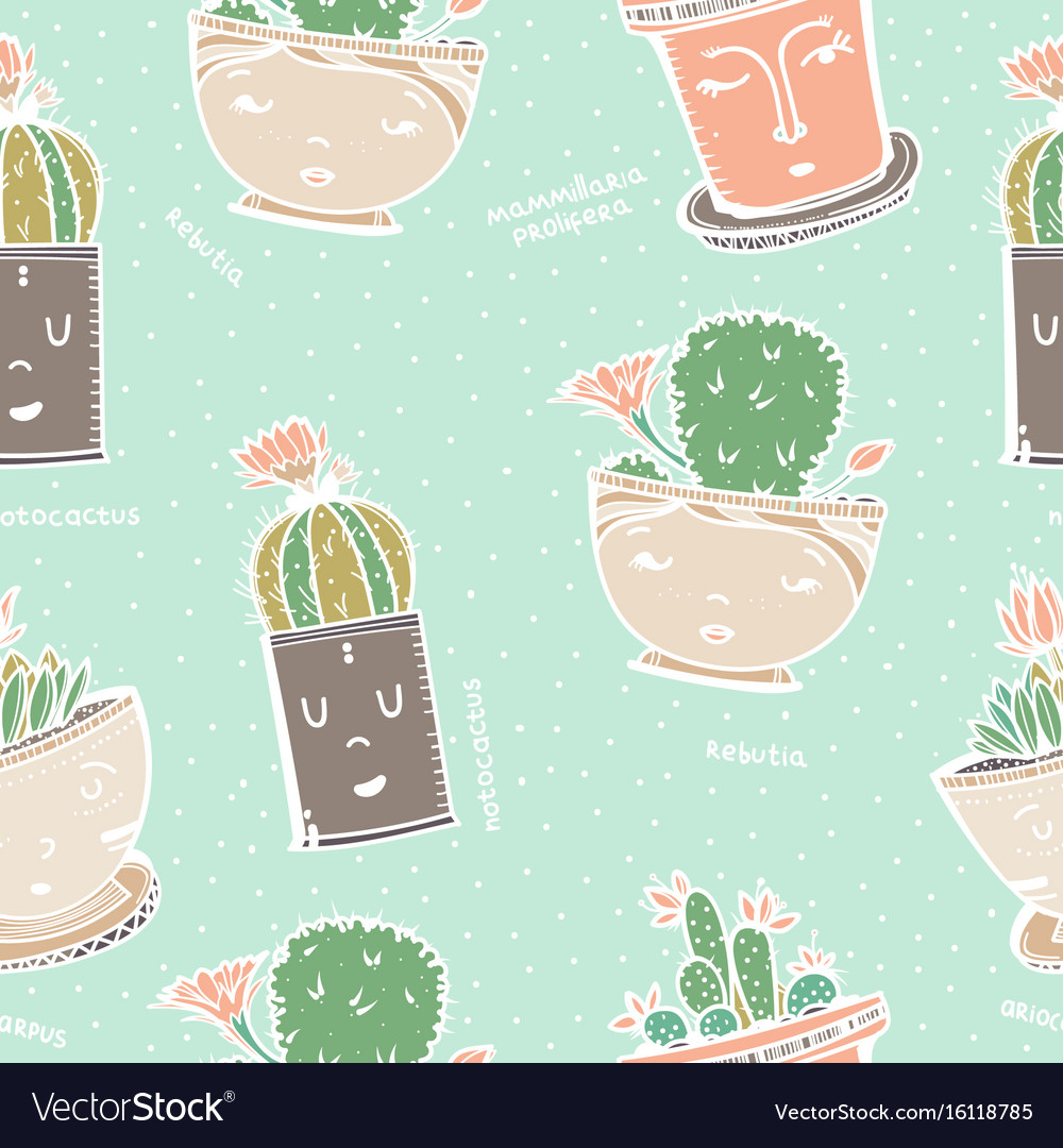 Seamless pattern with cactus in pot face