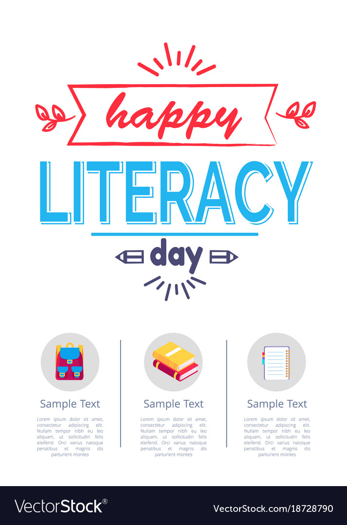 Happy literacy day poster with icons of stationery