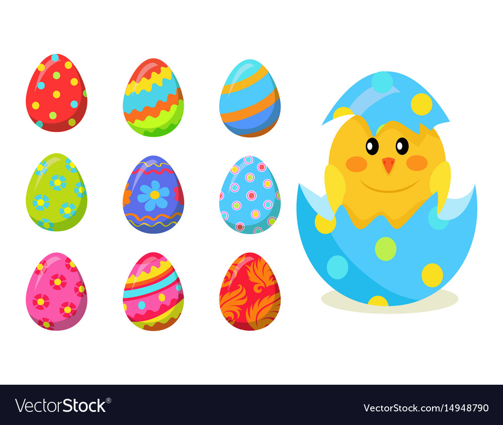 Newborn chick hatch from shell and eggs set Vector Image