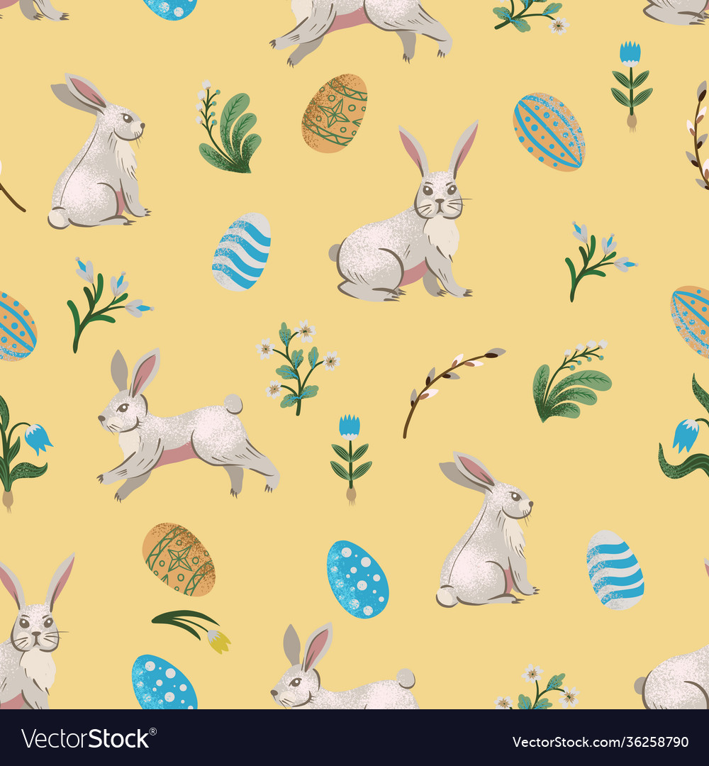 Rustic seamless pattern with trees rabbits eggs vector image Rustic seamless pattern with trees rabbits eggs
