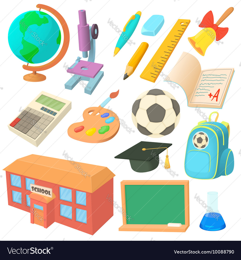 School icons set in cartoon style Royalty Free Vector Image