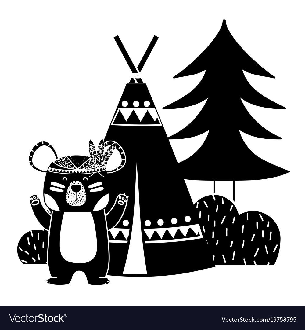 Silhouette bear animal with camp next to bush