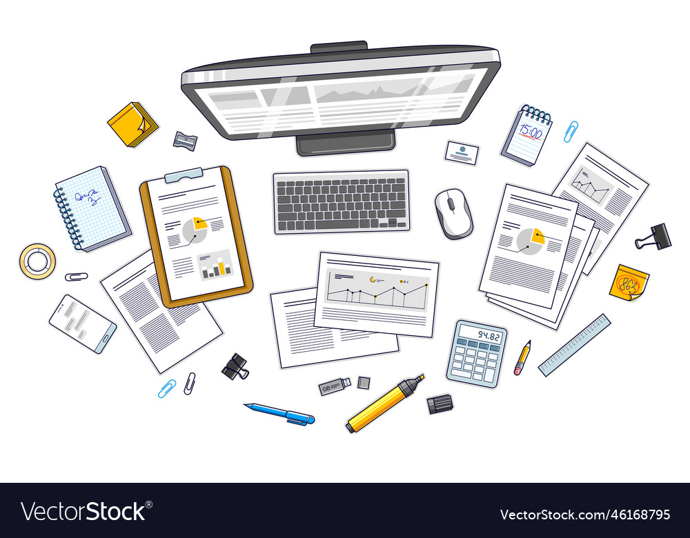 Work desk workspace top view with pc computer Vector Image Work desk workspace top view with pc computer