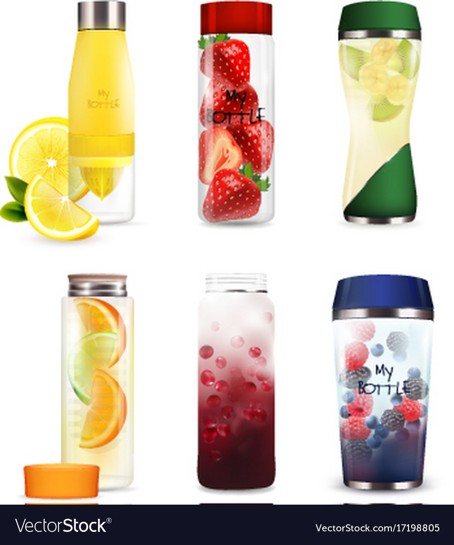 Bottles with detox fruit beverages set Royalty Free Vector