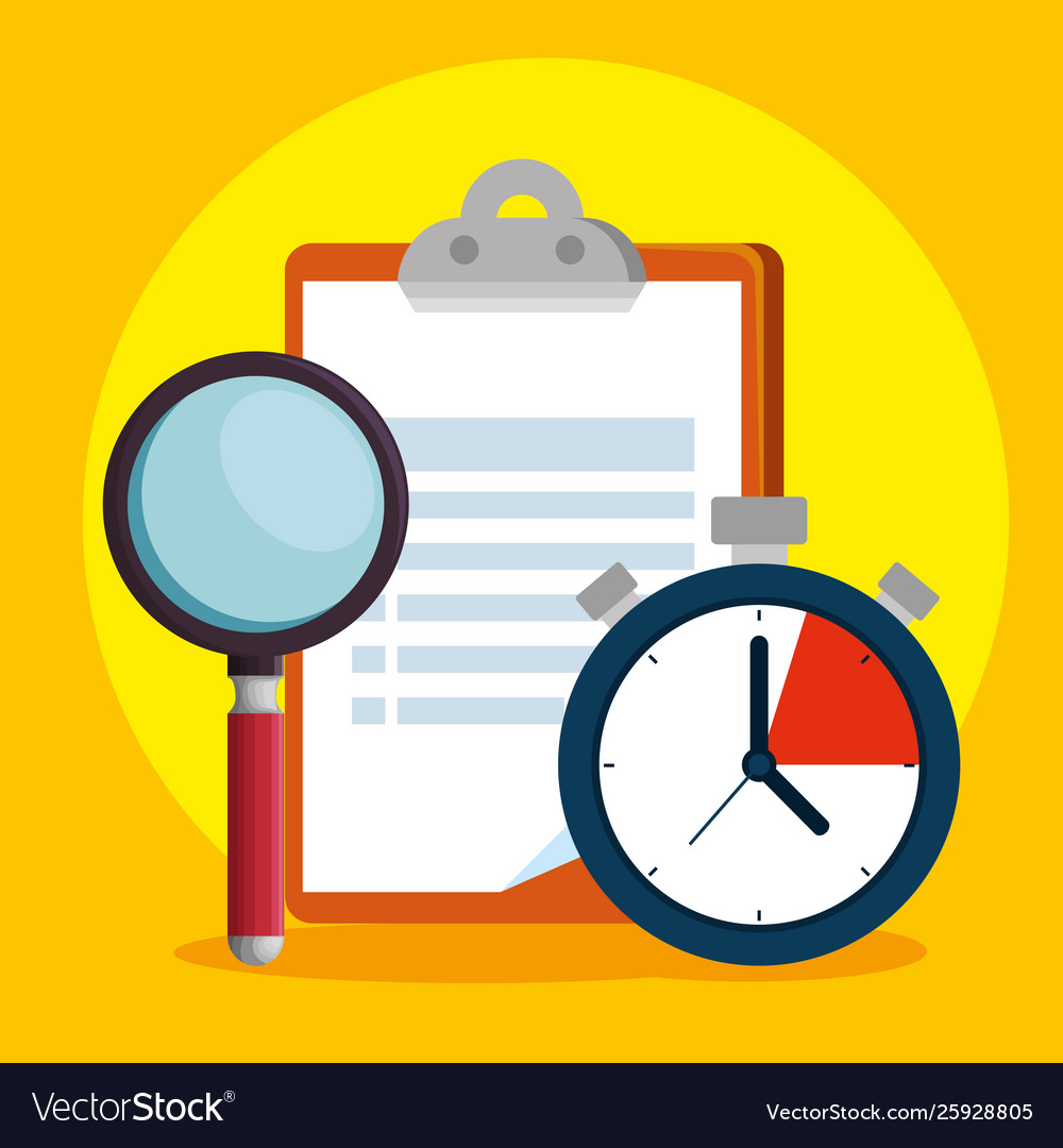 Check list with magnifying glass and chronometer