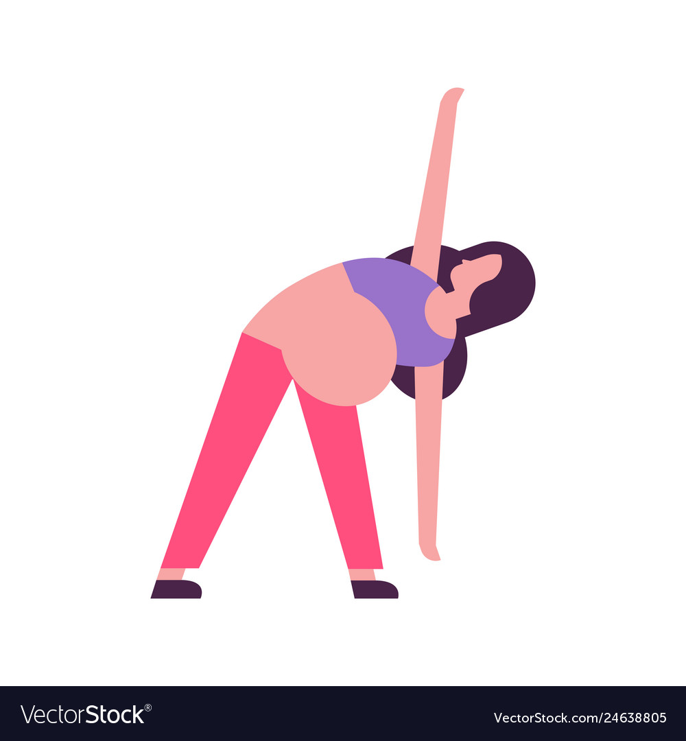 Pregnant woman doing yoga exercises girl working