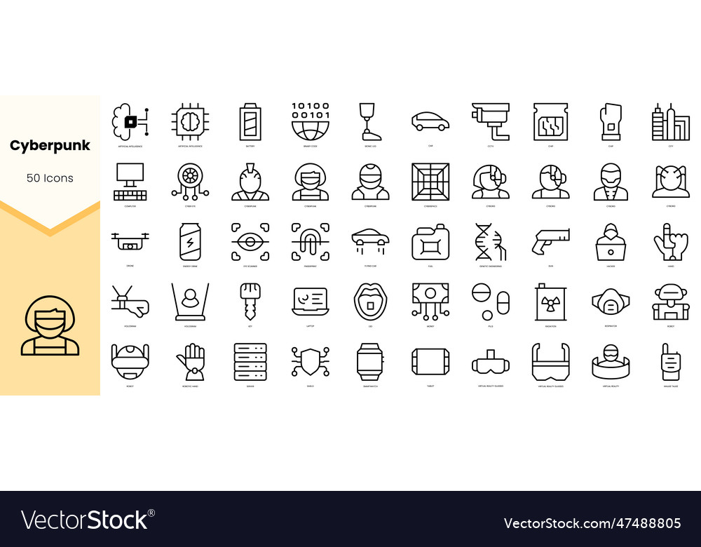 Set of cyberpunk icons simple line art style vector image Set of cyberpunk icons simple line art style