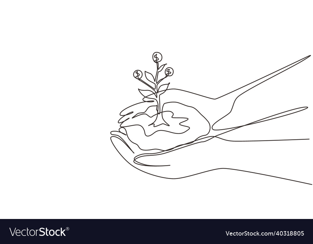 Single one line drawing hand holding sprout Vector Image