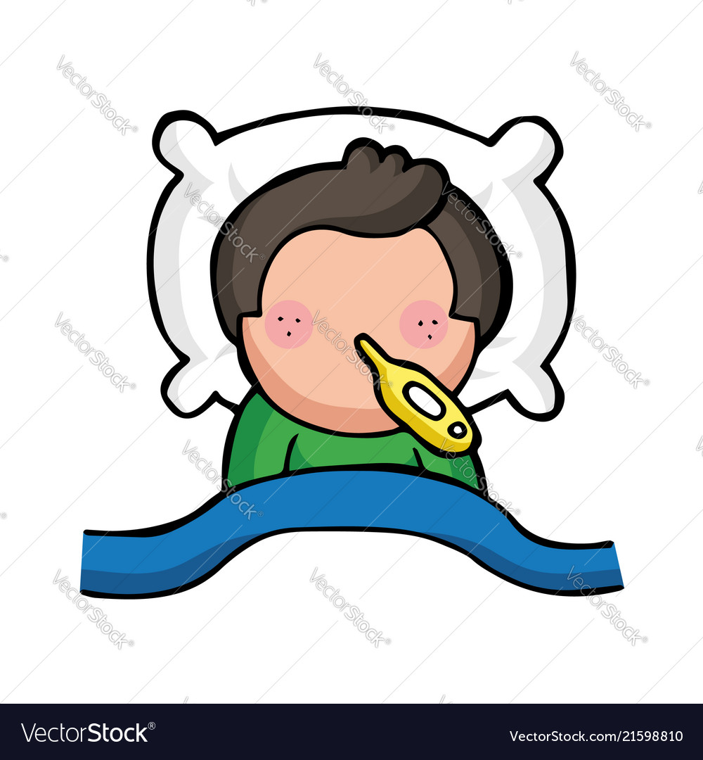 Hand-drawn cartoon man lying in bed sick