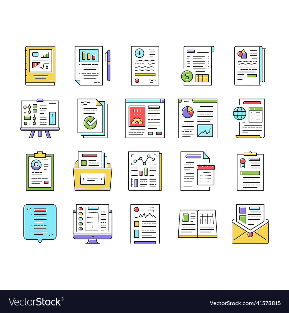 Reports documentation collection icons set vector image Reports documentation collection icons set