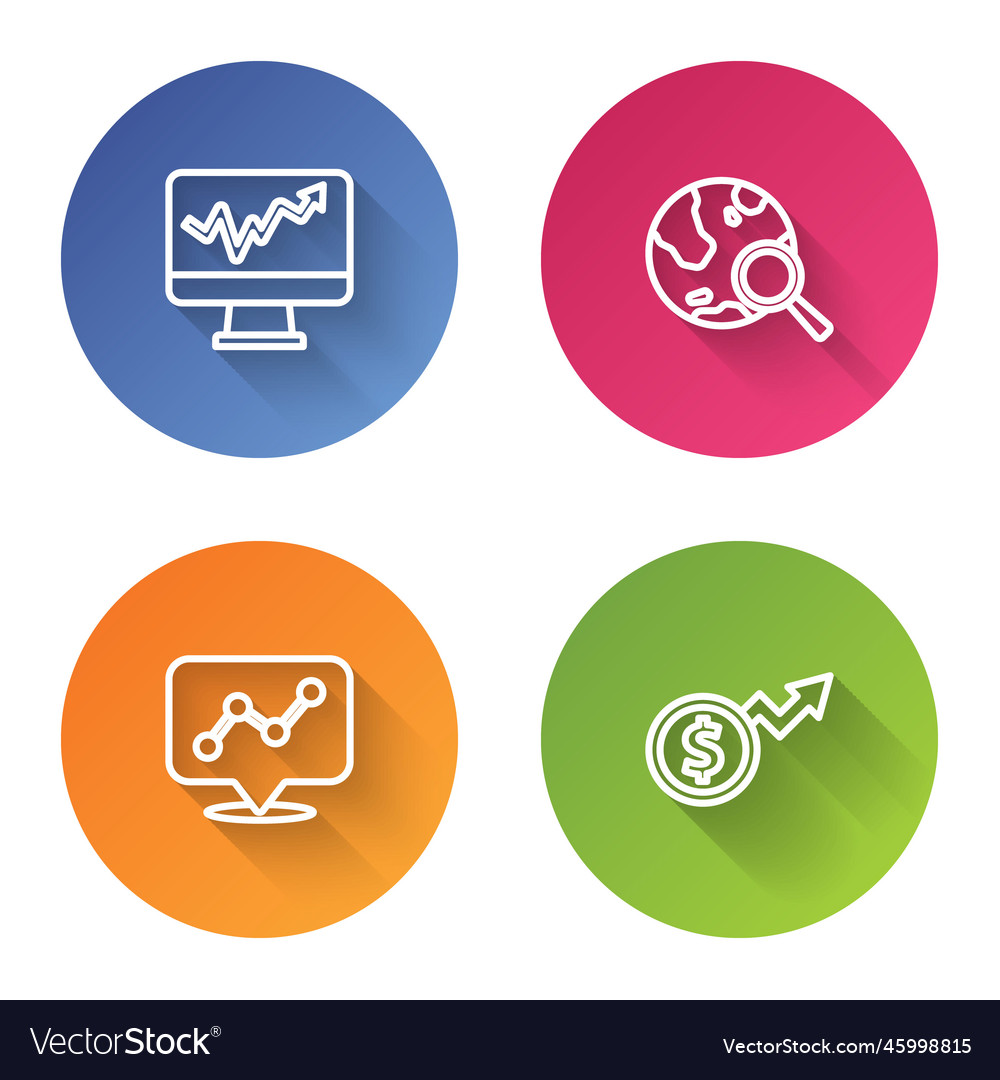 Set line monitor with graph chart search globe vector image Set line monitor with graph chart search globe