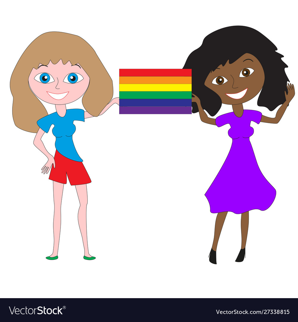 Two young girls holding a rainbow flag