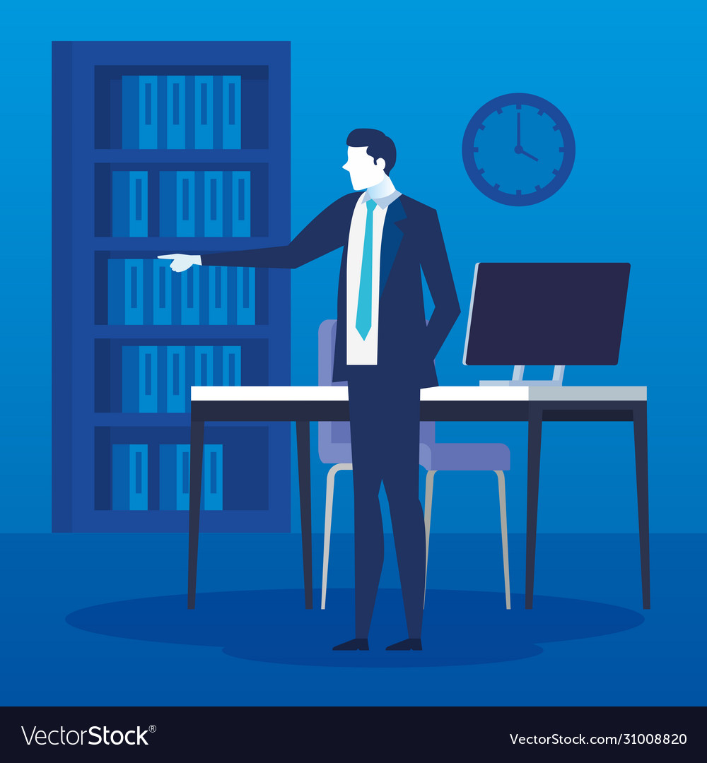 Businessman in workplace with desk and computer