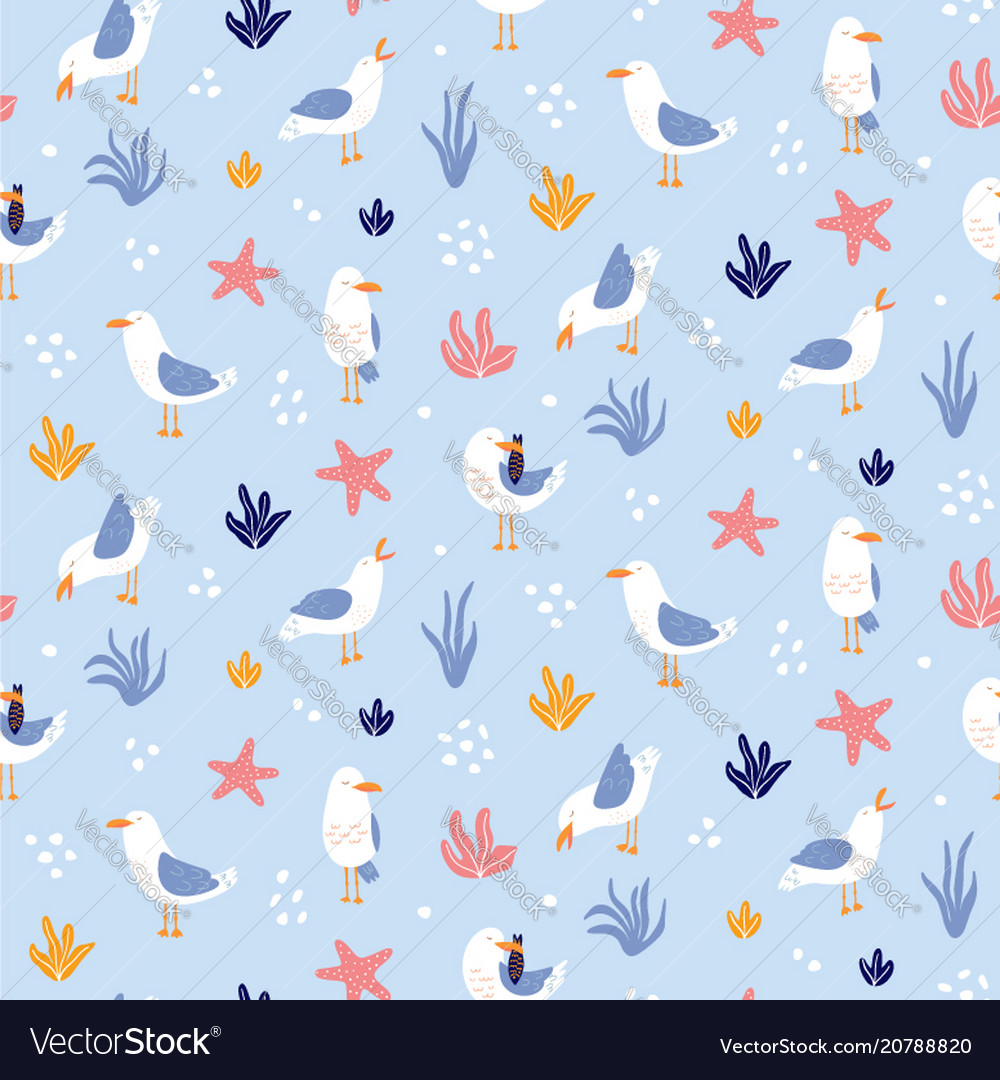 Colorful seamless pattern with seagulls in cute vector image Colorful seamless pattern with seagulls in cute