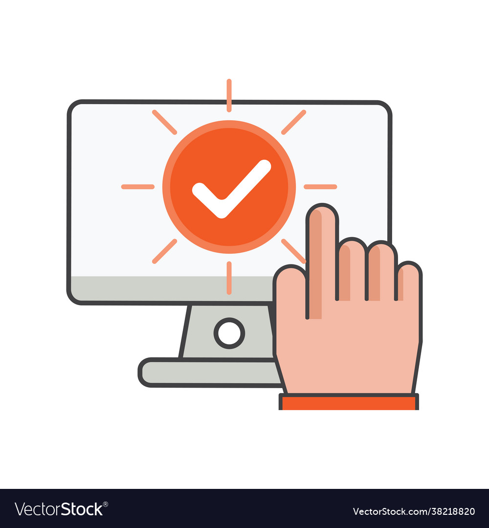 Finger clicking on computer with checmark icon vector image Finger clicking on computer with checmark icon