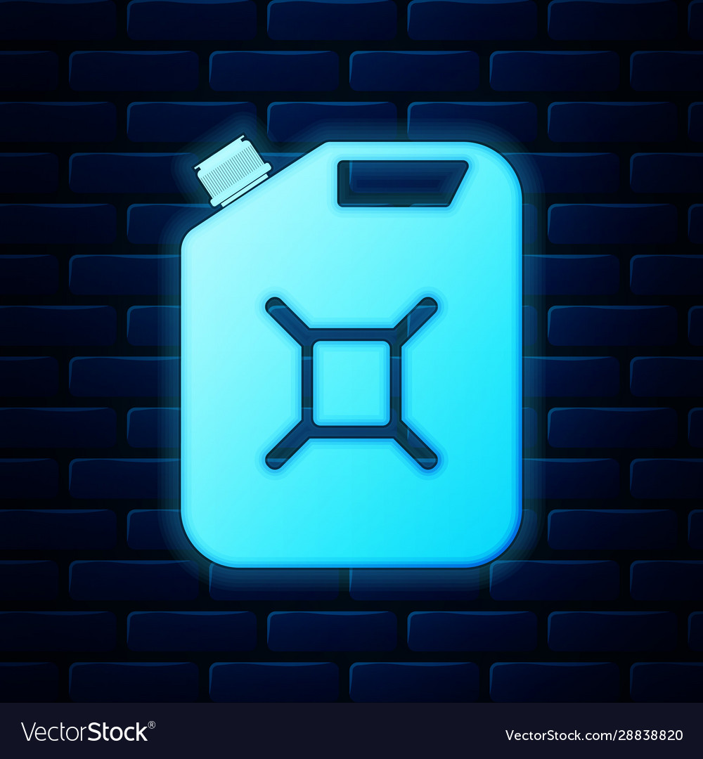 Glowing neon canister for gasoline icon isolated