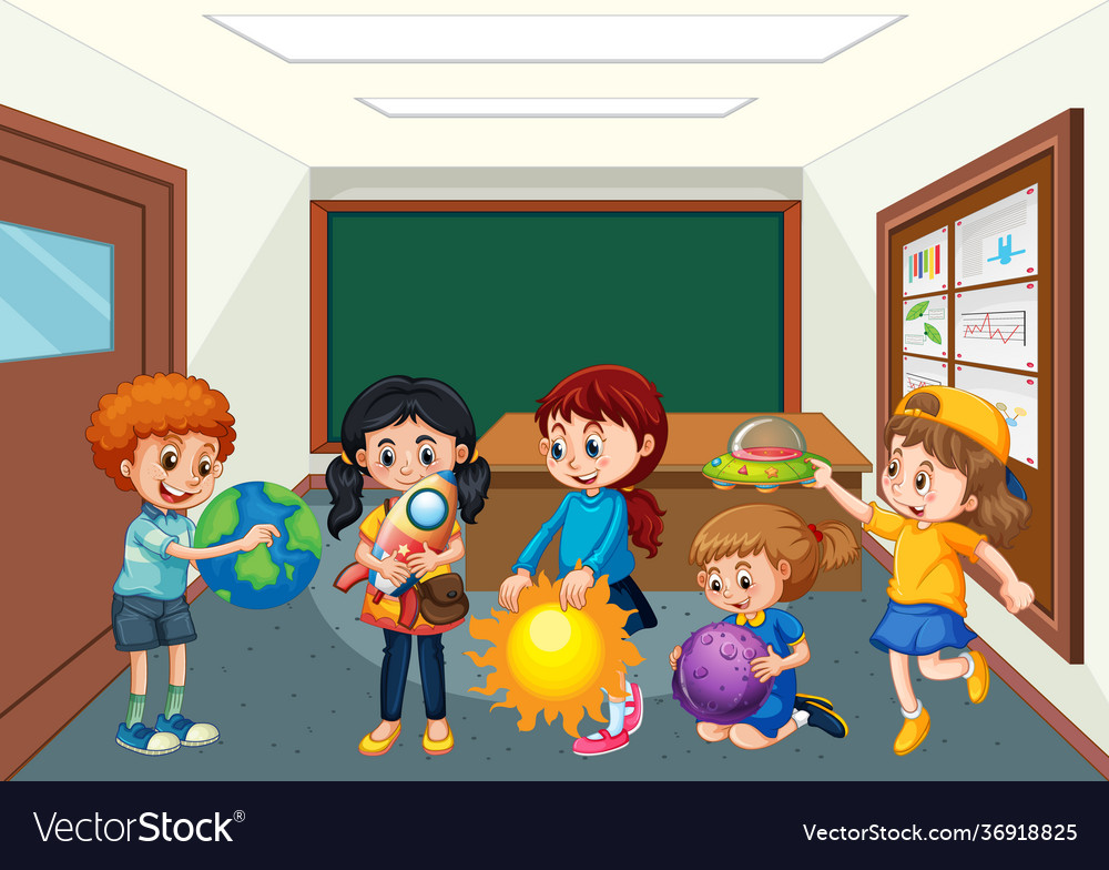 Children holding their planet models Royalty Free Vector