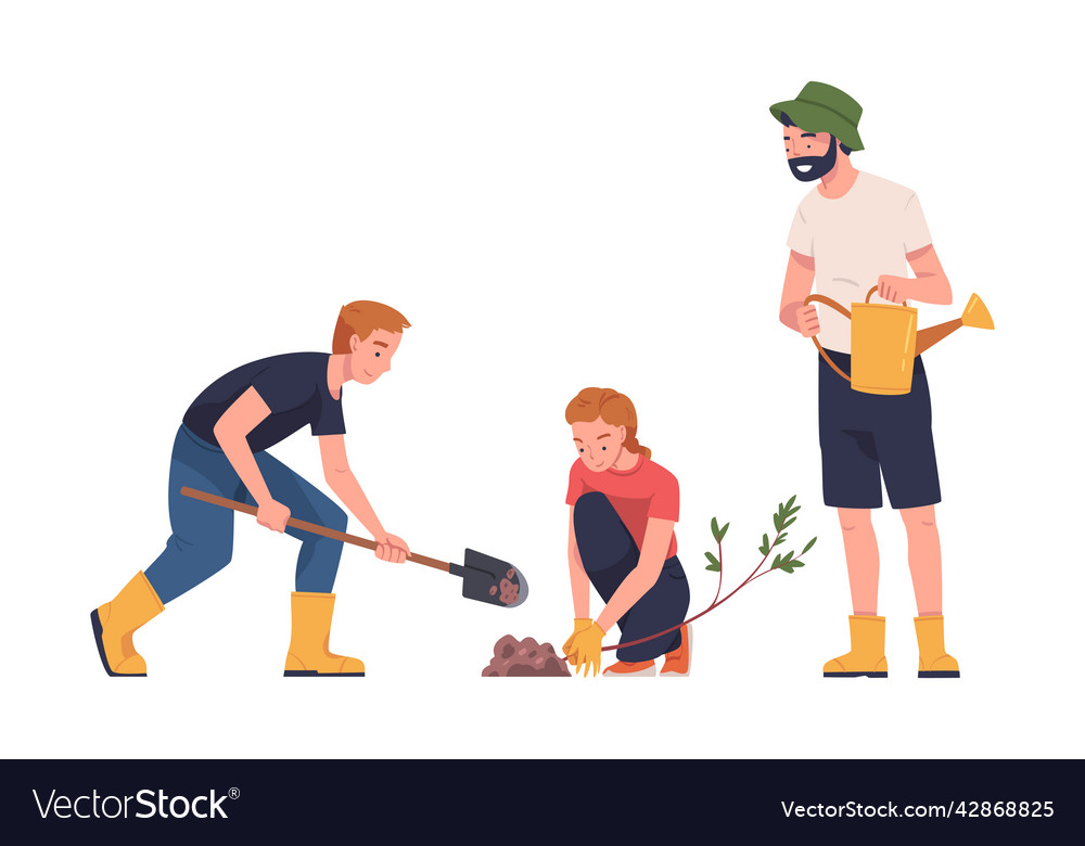 Man and woman character planting tree sapling