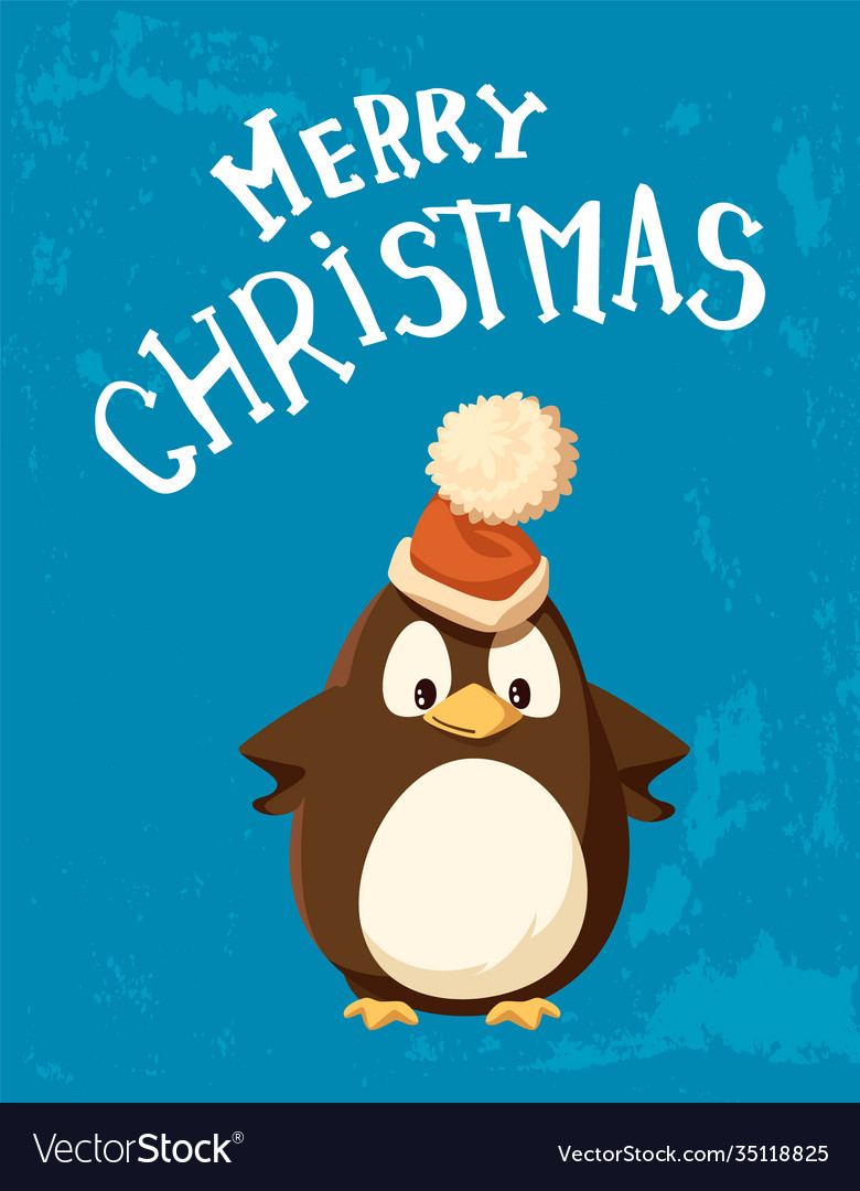 Penguin in santa hat with big bubo christmas card