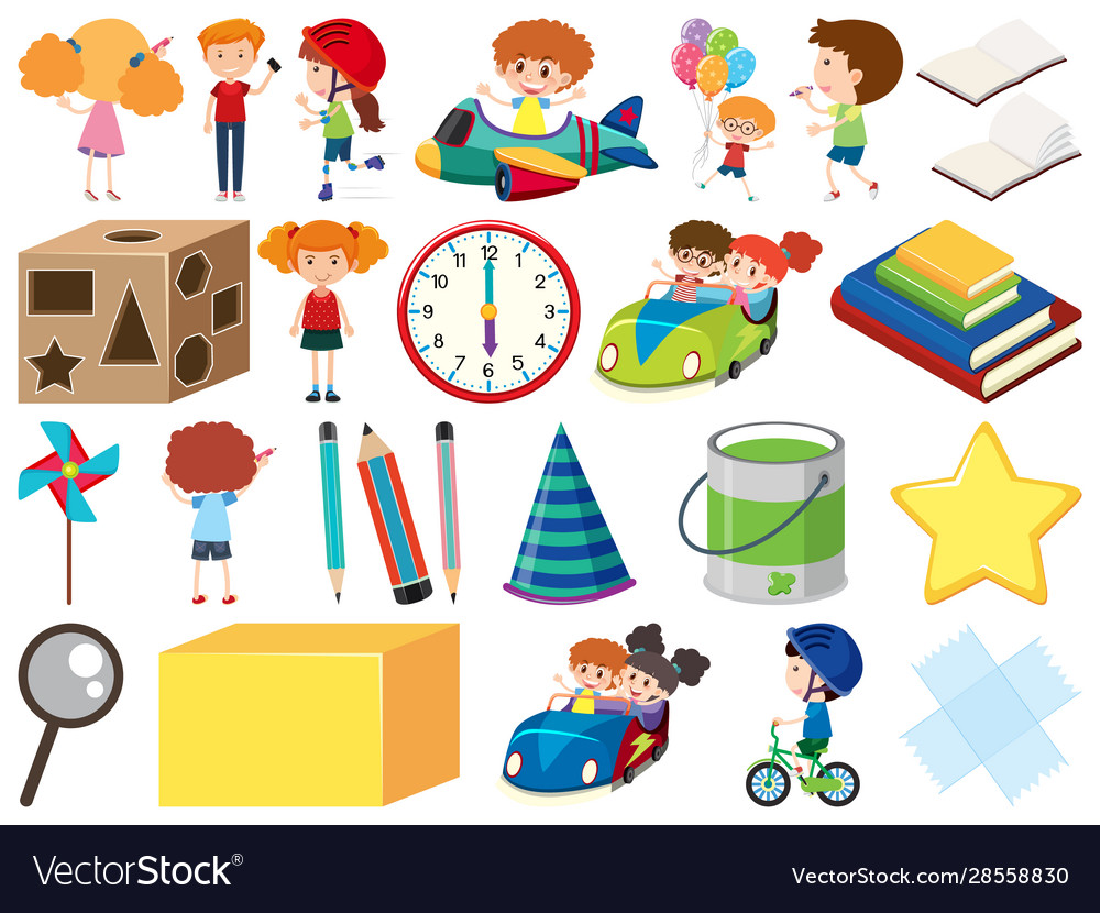 Set isolated objects kids and stationeries