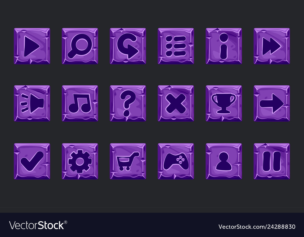 Set of purple stone buttons for web or game vector image Set of purple stone buttons for web or game