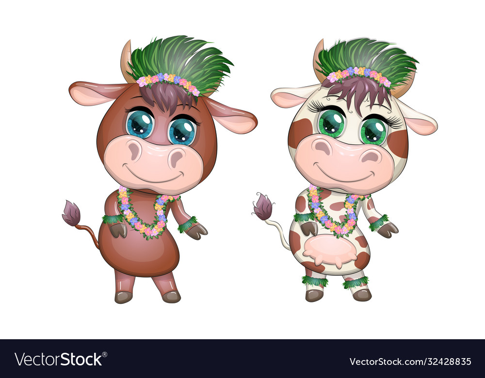 A pair cute cartoon bull and cow