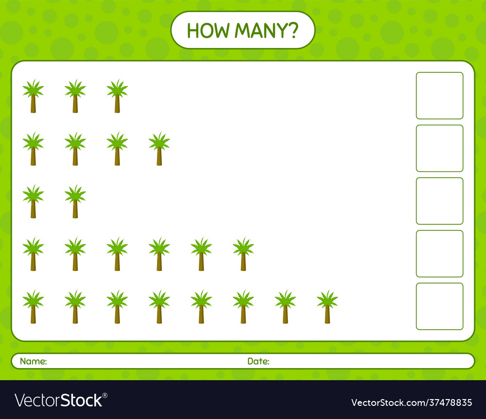 How many counting game with palm tree worksheet vector image How many counting game with palm tree worksheet