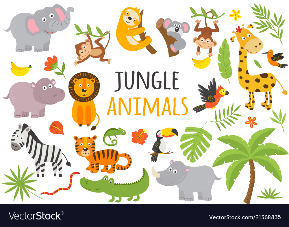 Set isolated jungle animals and tropical plants Vector Image