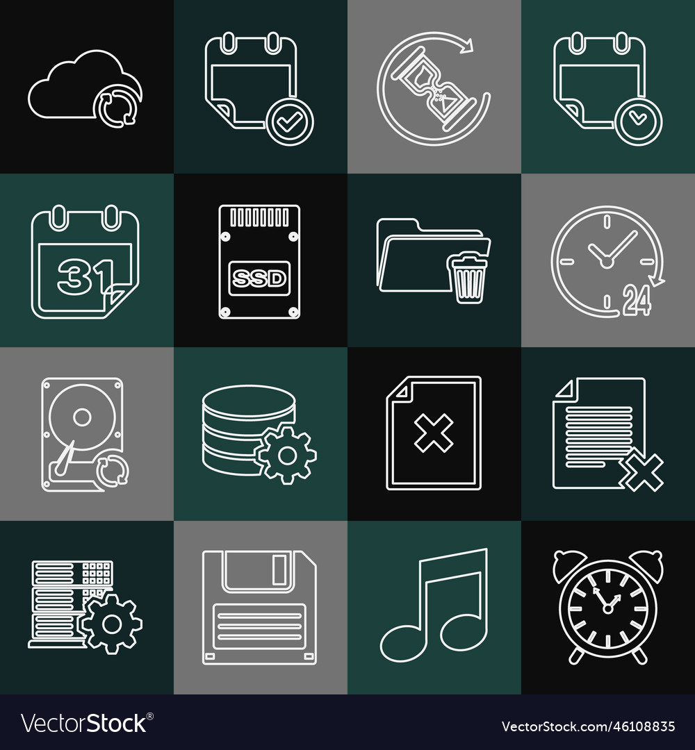 Set line alarm clock delete file document vector image Set line alarm clock delete file document