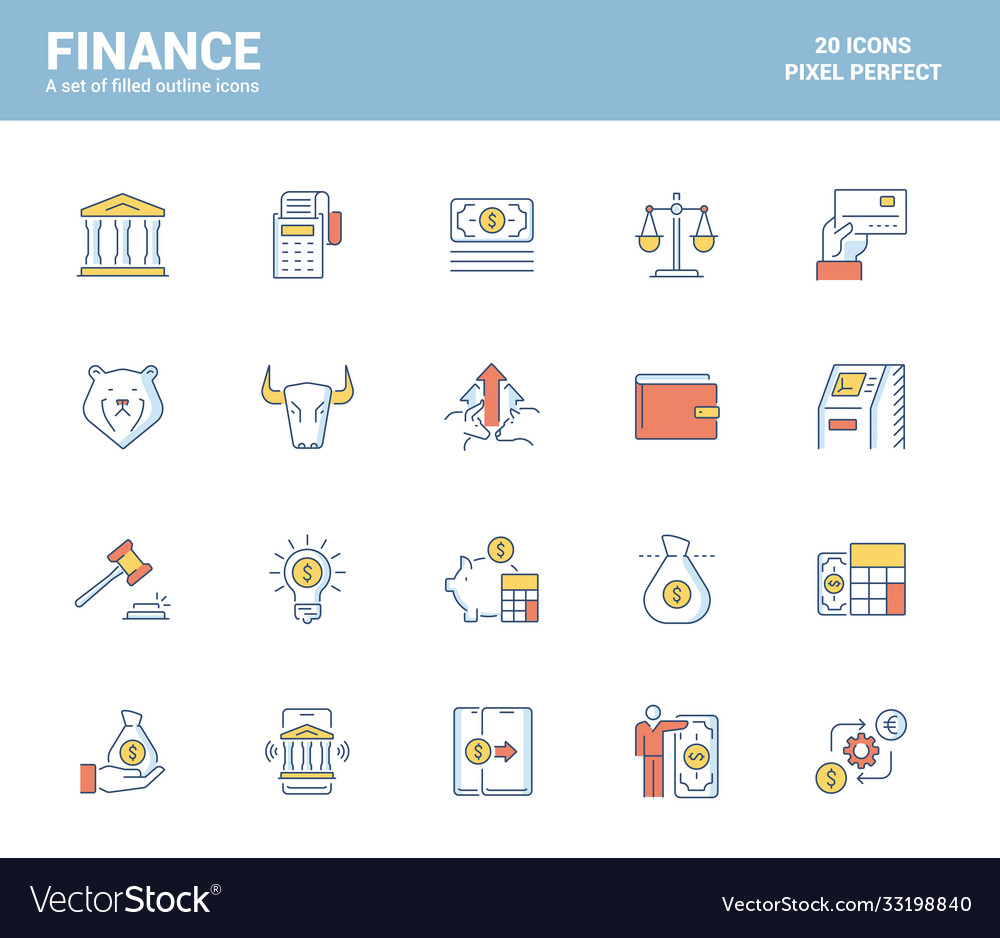 Flat line filled icons design-finance vector image Flat line filled icons design-finance