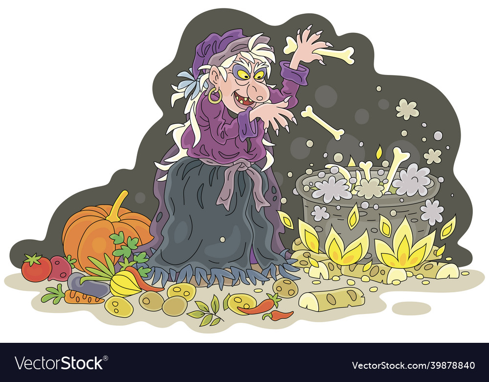 Funny witch cooking a tasty soup