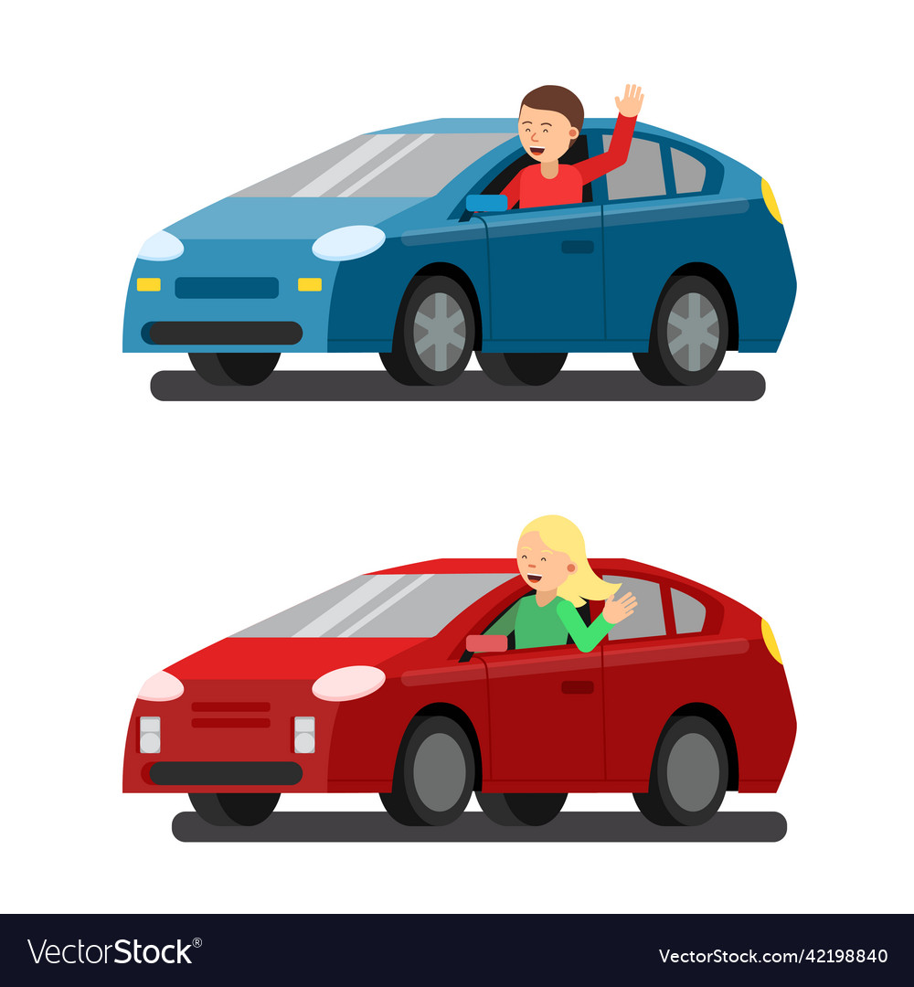 Male and female drivers in cars pictures flat