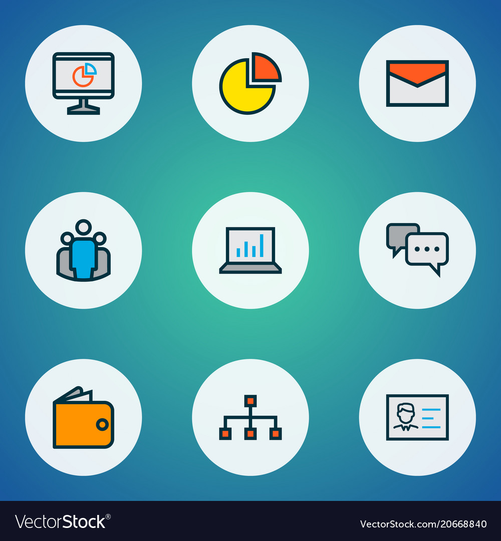 Trade icons colored line set with bar diagram