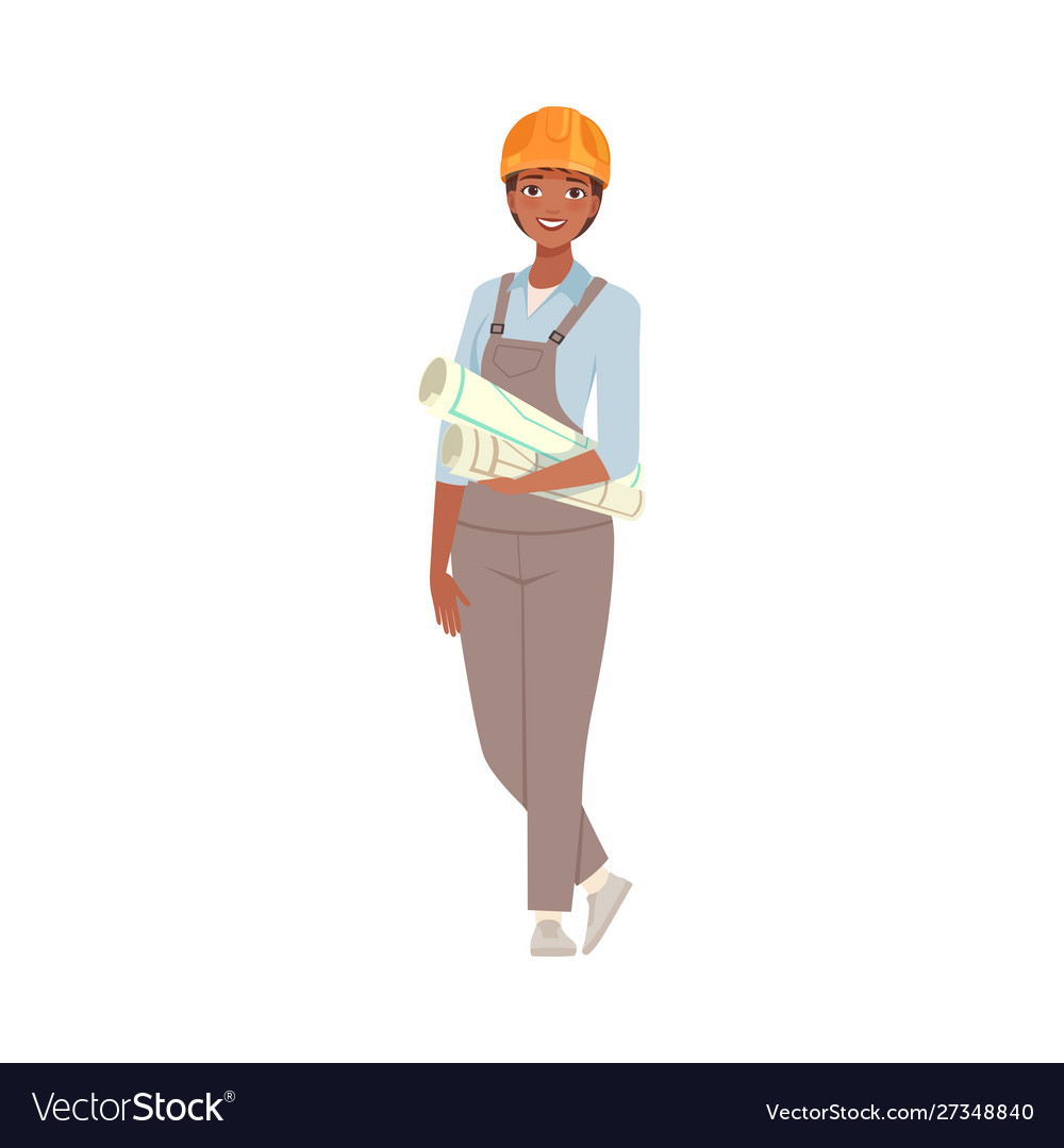 Woman in gray overalls holds rolls paper