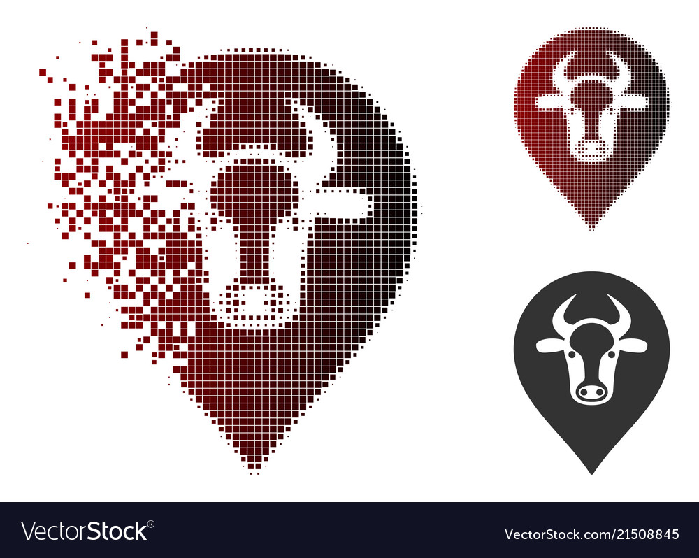 Broken pixel halftone cow map pointer icon vector image Broken pixel halftone cow map pointer icon