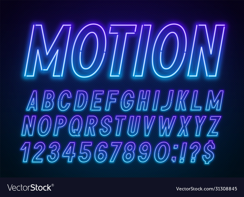 Neon blue purple font light alphabet with numbers