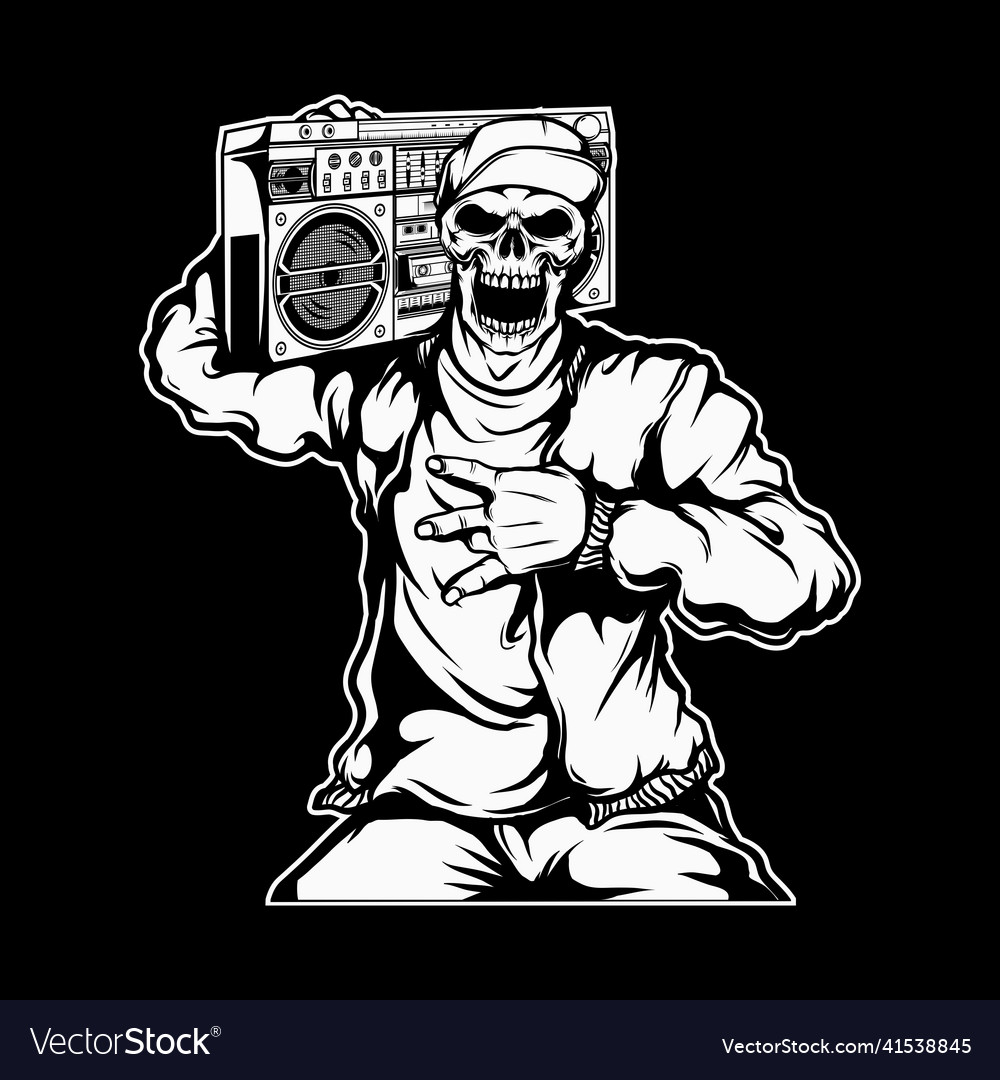 Rapper skull holding a boombox Royalty Free Vector Image