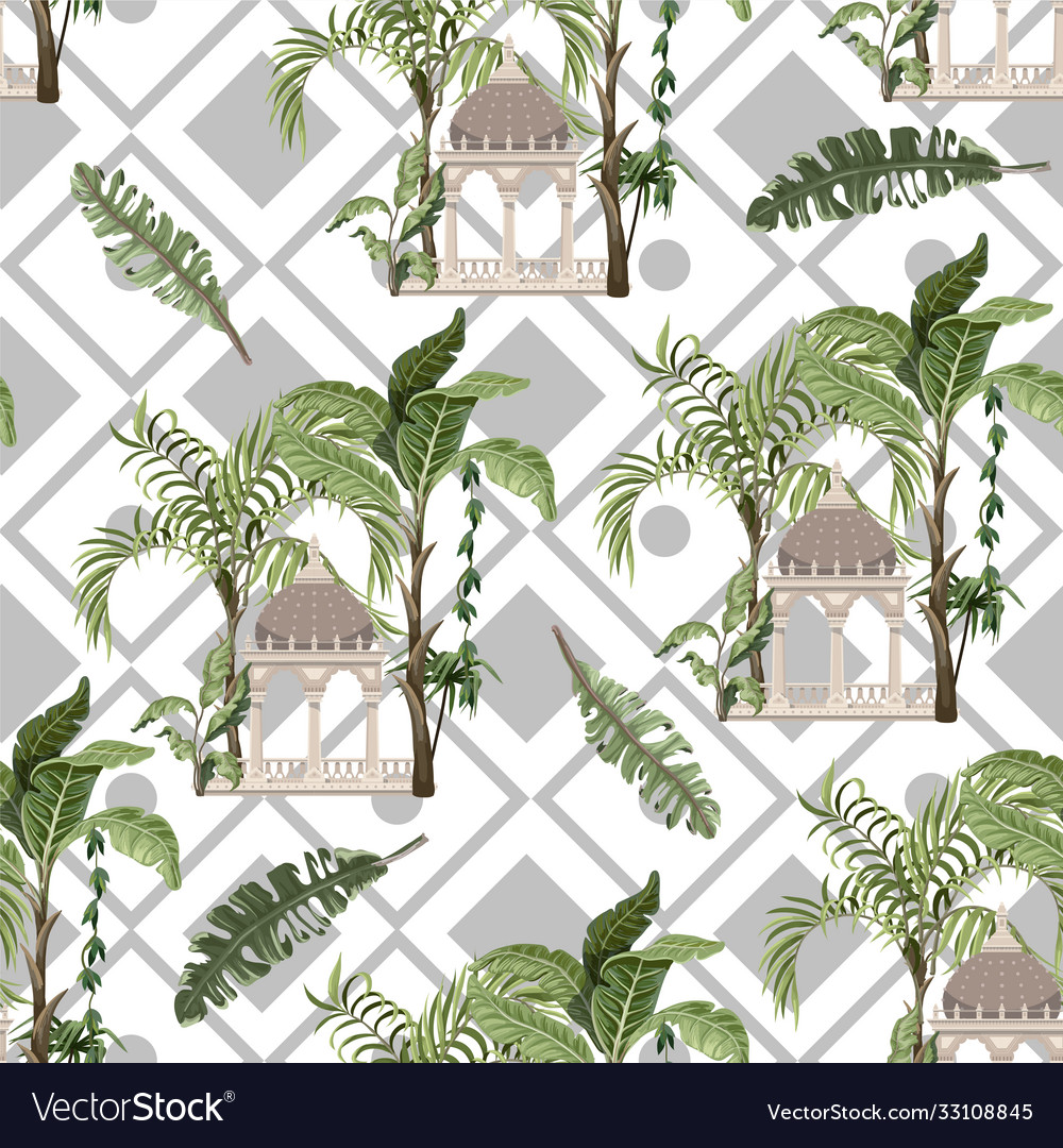 Seamless pattern with jungle trees and ancient vector image Seamless pattern with jungle trees and ancient