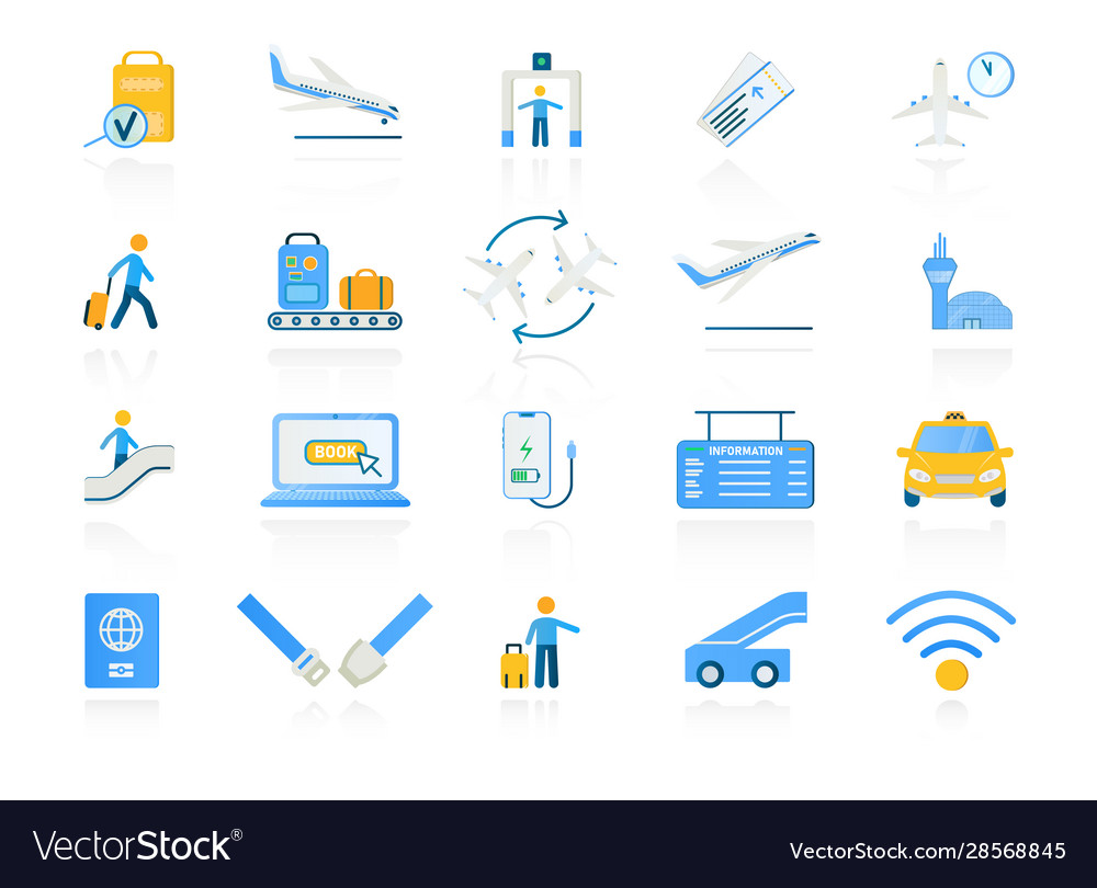 Set sortierten farbigen Flughafen und Reise-Icons vector image Set sortierten farbigen Flughafen und Reise-Icons