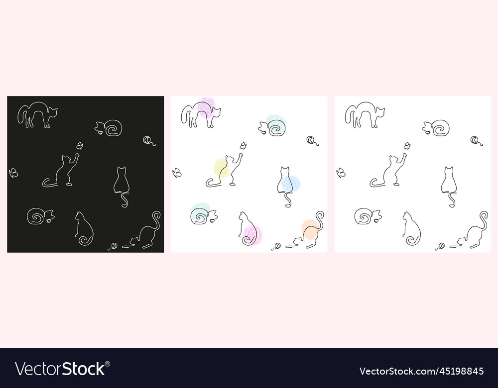 Set of patterns with cats drawn by one continuous