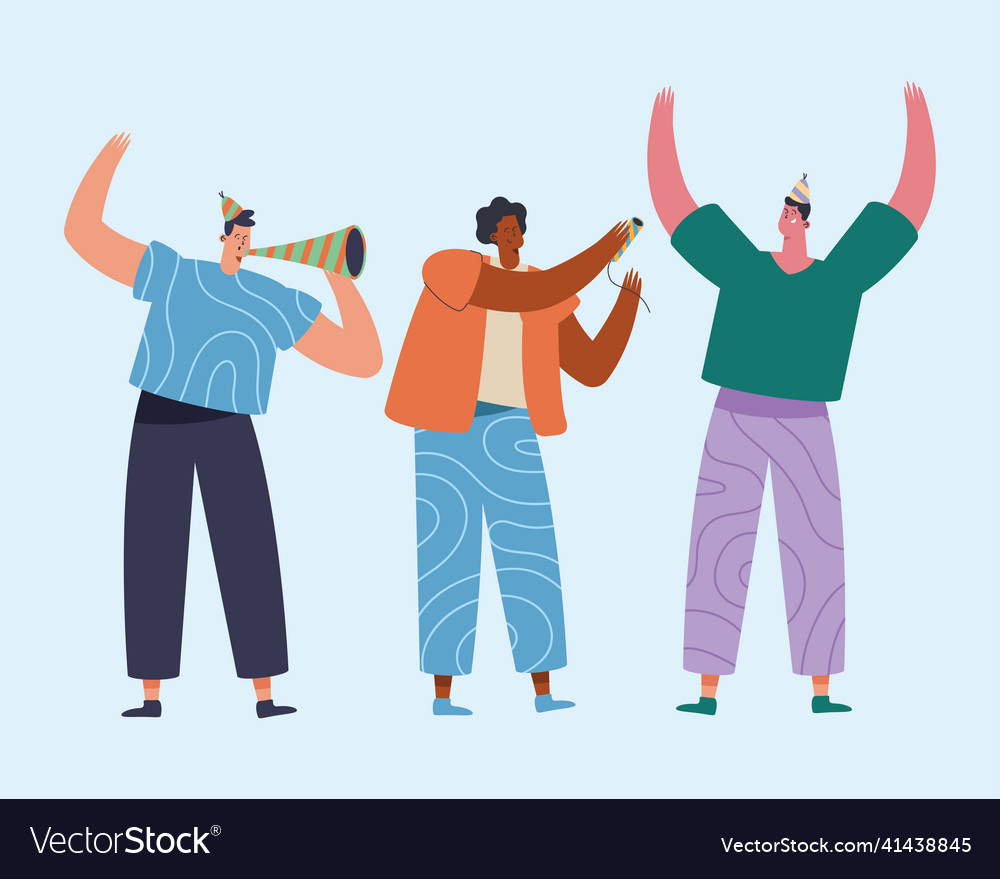 Three men celebrating characters