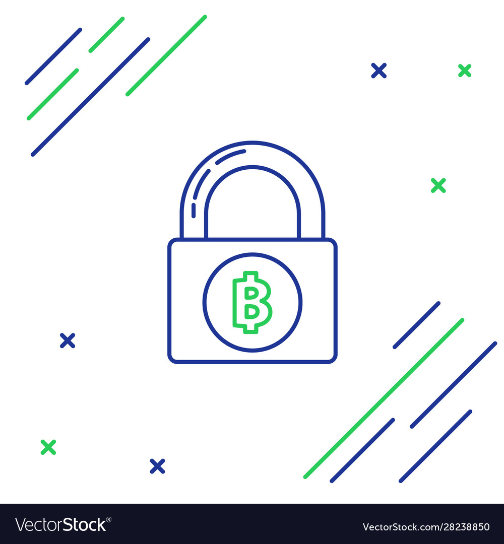 Blue and green line lock with bitcoin icon