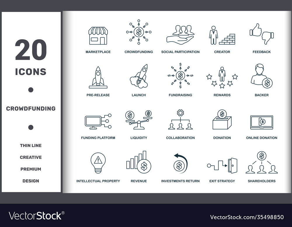 Crowdfunding icons thin line set collection Vector Image